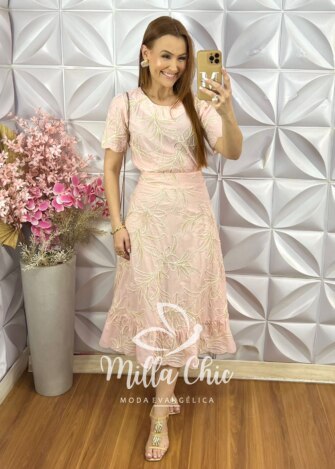 Conjunto Malu Em Bordado Cordonê - Rosa Pó - Milla Chic