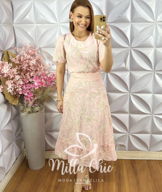 Conjunto Malu Em Bordado Cordonê - Rosa Pó - Milla Chic