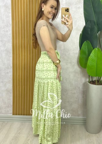 Saia Adélia Em Viscolinho Estampado - Verde Hortelã - Milla Chic