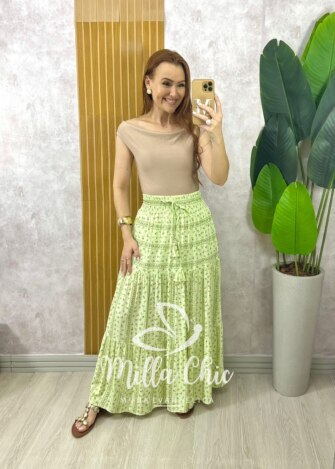 Saia Adélia Em Viscolinho Estampado - Verde Hortelã - Milla Chic