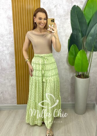 Saia Adélia Em Viscolinho Estampado - Verde Hortelã - Milla Chic