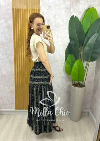 Saia Adélia Em Viscolinho Estampado - Preto - Milla Chic