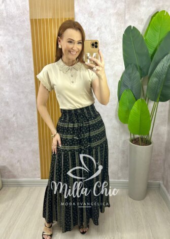 Saia Adélia Em Viscolinho Estampado - Preto - Milla Chic