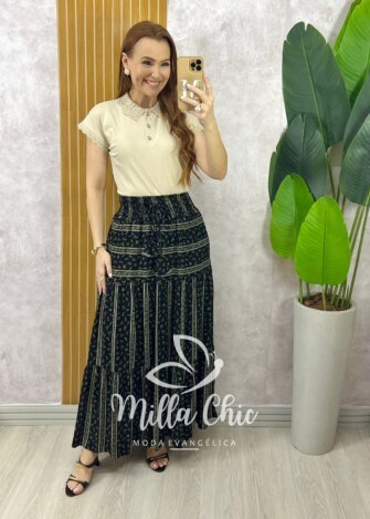 Saia Adélia Em Viscolinho Estampado - Preto - Milla Chic