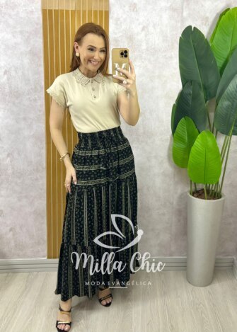 Saia Adélia Em Viscolinho Estampado - Preto - Milla Chic