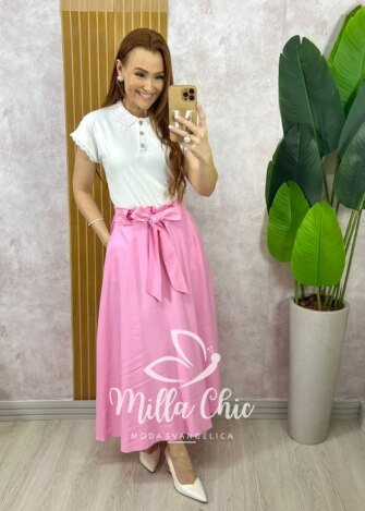 Saia Ayde Em Alfaiataria Marrant - Rosa - Milla Chic