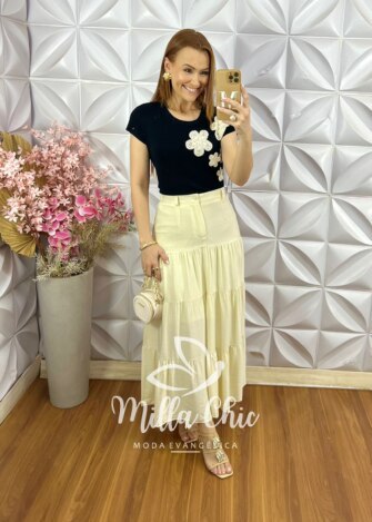 Saia Eloá em Viscoamida - Amarelo Manteiga - Milla Chic