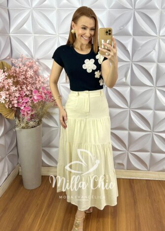 Saia Eloá em Viscoamida - Amarelo Manteiga - Milla Chic
