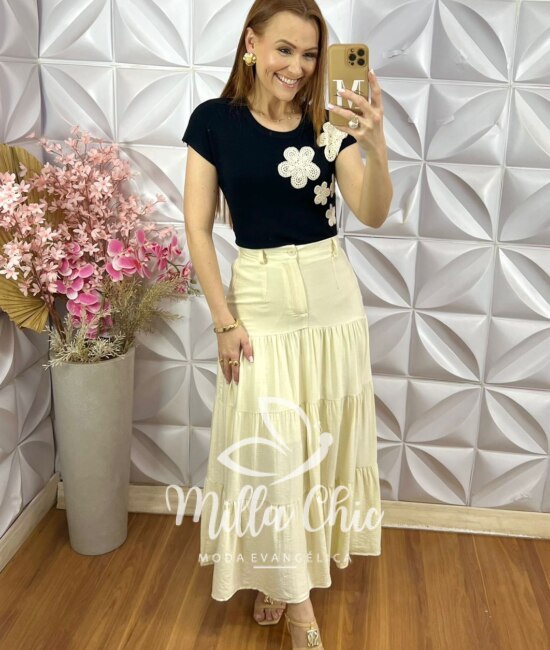 Saia Eloá em Viscoamida - Amarelo Manteiga - Milla Chic
