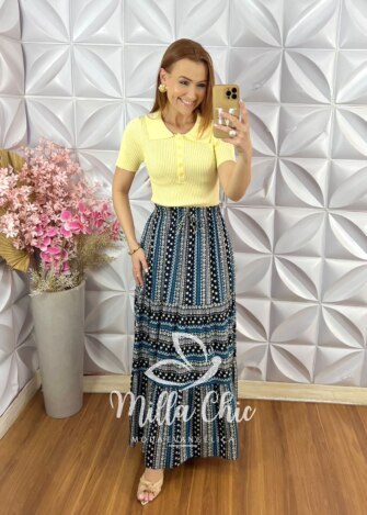 Saia longa Tiffany em Viscolinho - Azul - Milla Chic