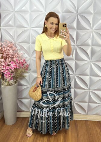 Saia longa Tiffany em Viscolinho - Azul - Milla Chic