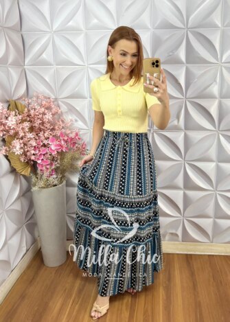 Saia longa Tiffany em Viscolinho - Azul - Milla Chic