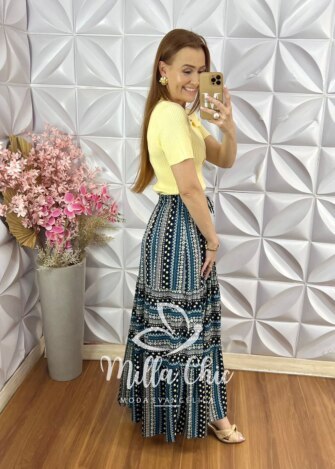 Saia longa Tiffany em Viscolinho - Azul - Milla Chic