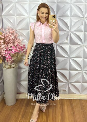 Saia Nanda em Viscolinho - Preto - Milla Chic