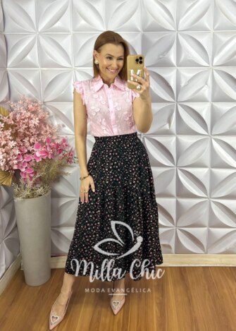 Saia Nanda em Viscolinho - Preto - Milla Chic