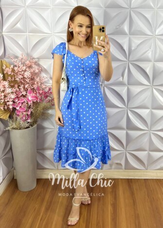 Vestido Abigail Em Póa Viscolinho - Azul Celeste - Milla Chic