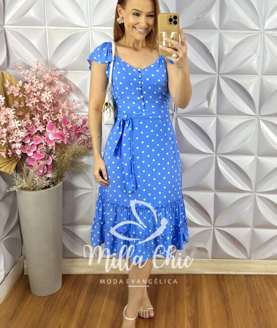 Vestido Abigail Em Póa Viscolinho - Azul Celeste - Milla Chic