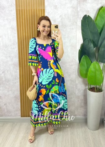 Milla Chic - millachic com br vestido agatha em viscosarja tropical azul escuro 3 Vestido Agatha Em Viscosarja Tropical - Azul Escuro - Milla Chic