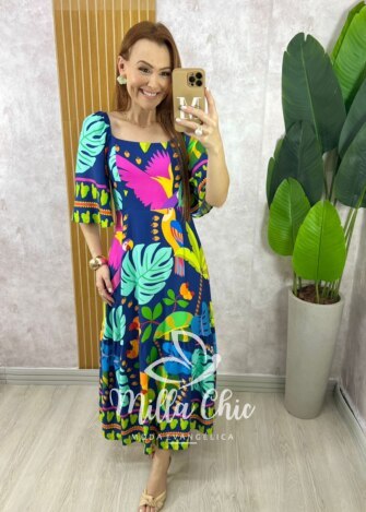 Milla Chic - millachic com br vestido agatha em viscosarja tropical azul escuro 6 Vestido Agatha Em Viscosarja Tropical - Azul Escuro - Milla Chic