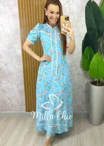Vestido Algarve em Alfaiataria Estampado - Azul Céu - Milla Chic