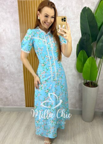 Vestido Algarve em Alfaiataria Estampado - Azul Céu - Milla Chic