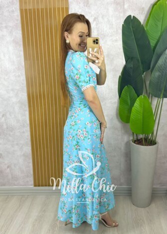 Vestido Algarve em Alfaiataria Estampado - Azul Céu - Milla Chic