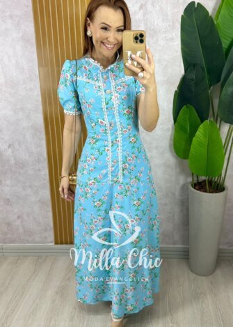 Vestido Algarve em Alfaiataria Estampado - Azul Céu - Milla Chic