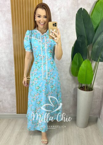 Vestido Algarve em Alfaiataria Estampado - Azul Céu - Milla Chic