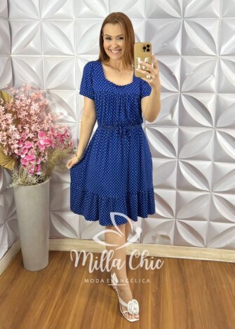 Vestido Amanda Comfy em Viscolycra  Poá - Azul - Milla Chic