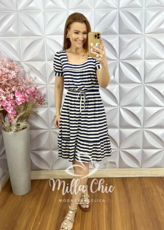 Vestido Amanda Comfy em Viscolycra - Listrado Azul - Milla Chic