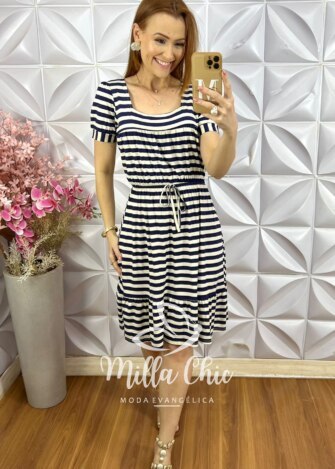 Vestido Amanda Comfy em Viscolycra - Listrado Azul - Milla Chic