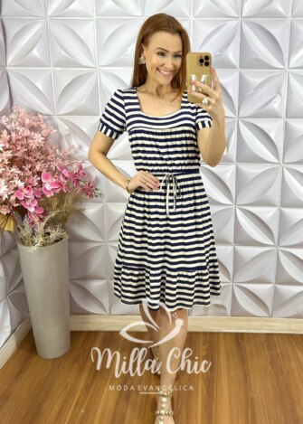 Vestido Amanda Comfy em Viscolycra - Listrado Azul - Milla Chic