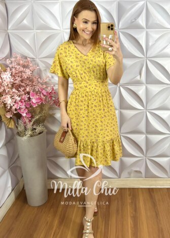 Vestido Analu em Viscolinho Estampado - Amarelo - Milla Chic
