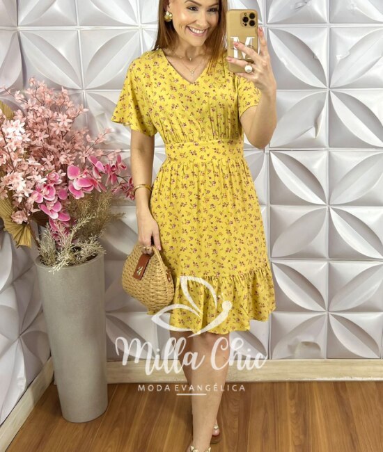 Vestido Analu em Viscolinho Estampado - Amarelo - Milla Chic