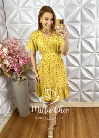 Vestido Analu em Viscolinho Estampado - Amarelo - Milla Chic