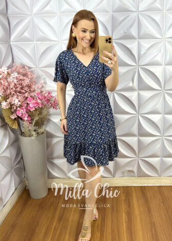 Vestido Analu em Viscolinho Estampado - Azul Marinho - Milla Chic