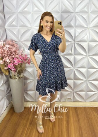 Vestido Analu em Viscolinho Estampado - Azul Marinho - Milla Chic
