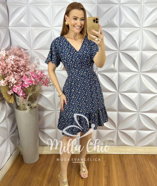 Vestido Analu em Viscolinho Estampado - Azul Marinho - Milla Chic