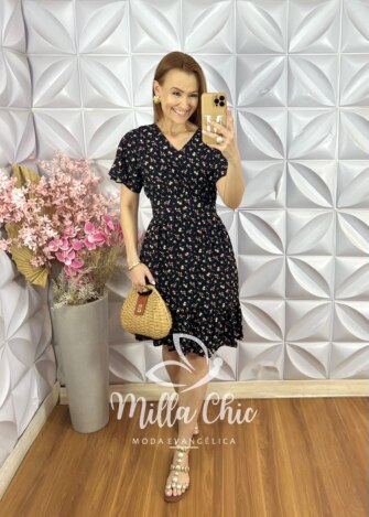 Vestido Analu em Viscolinho Estampado - Preto - Milla Chic
