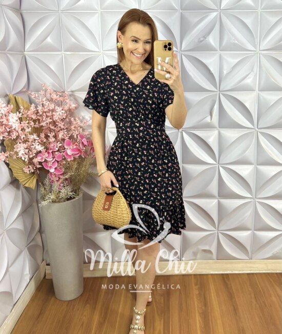Vestido Analu em Viscolinho Estampado - Preto - Milla Chic