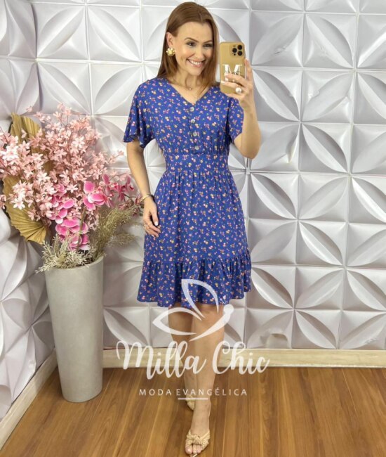 Vestido Analu Estampado com Botão - New Blue - Milla Chic