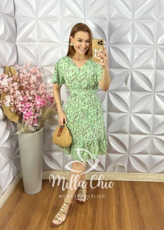 Vestido Analu Estampado com Botão - Menta - Milla Chic