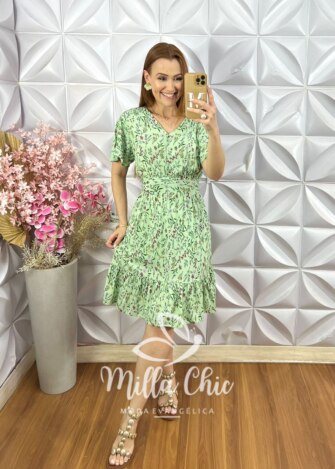 Vestido Analu Estampado com Botão - Menta - Milla Chic