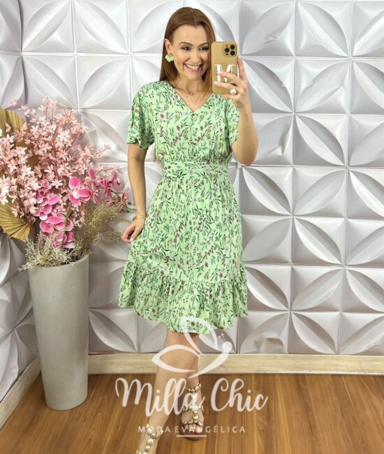 Vestido Analu Estampado com Botão - Menta - Milla Chic