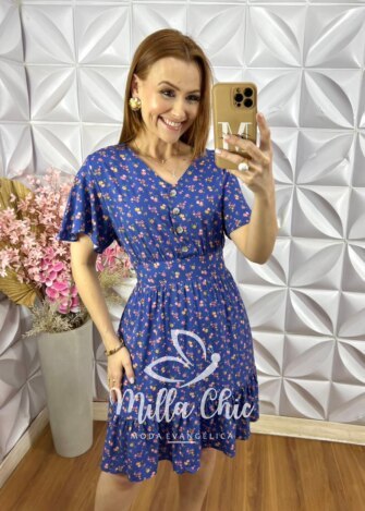 Vestido Analu Estampado com Botão - New Blue - Milla Chic