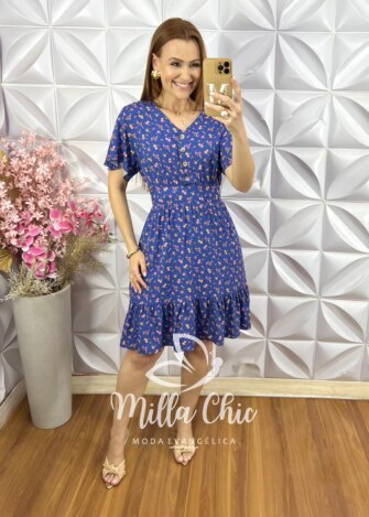 Vestido Analu Estampado com Botão - New Blue - Milla Chic