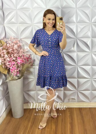 Vestido Analu Estampado com Botão - New Blue - Milla Chic