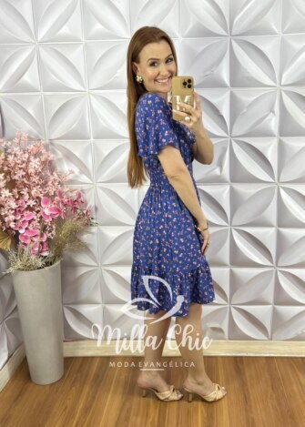 Vestido Analu Estampado com Botão - New Blue - Milla Chic