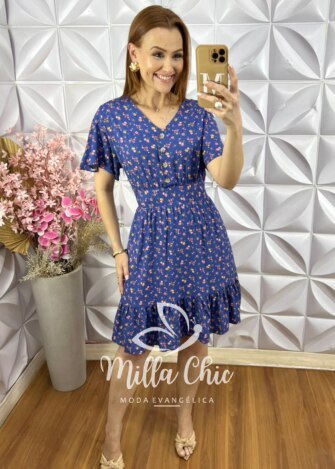 Vestido Analu Estampado com Botão - New Blue - Milla Chic