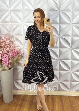 Vestido Analu Estampado com Botão - Preto - Milla Chic